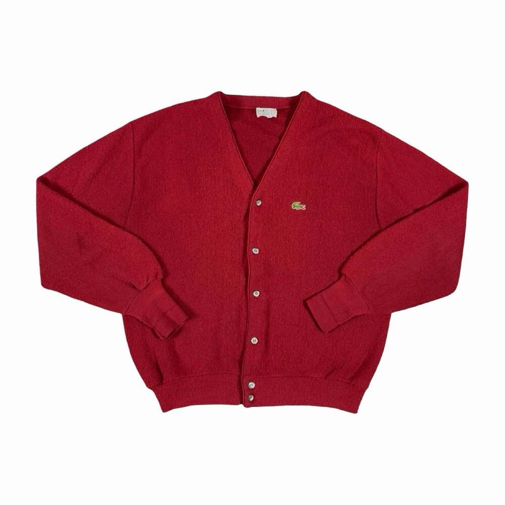 Vintage Izod Lacoste Mens L Red V-Neck Button Front Crocodile Logo Cardigan